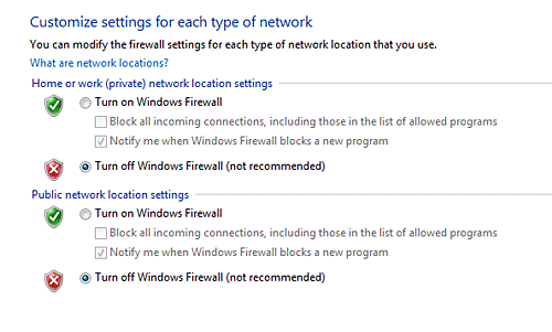 Windows 7 Firewall Setting Choices
